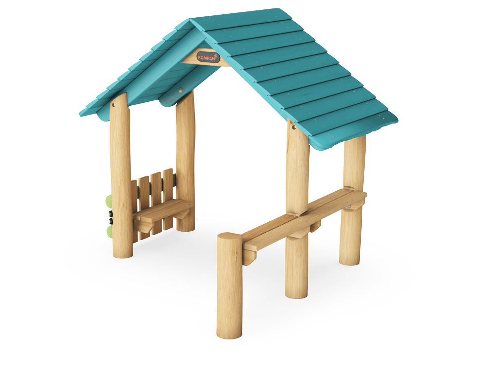 Robinia speelhut met zijwand en 2 toonbanken