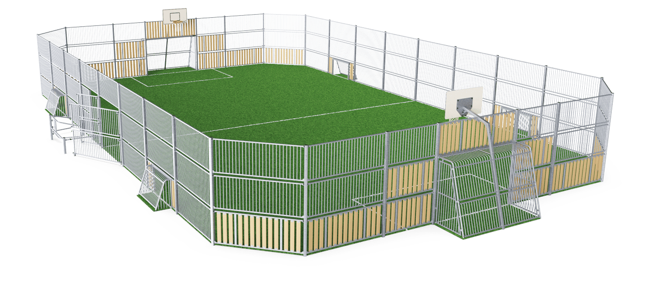 MUGA Multiarena, 18x26m, hög 3m, stål-/träutseende