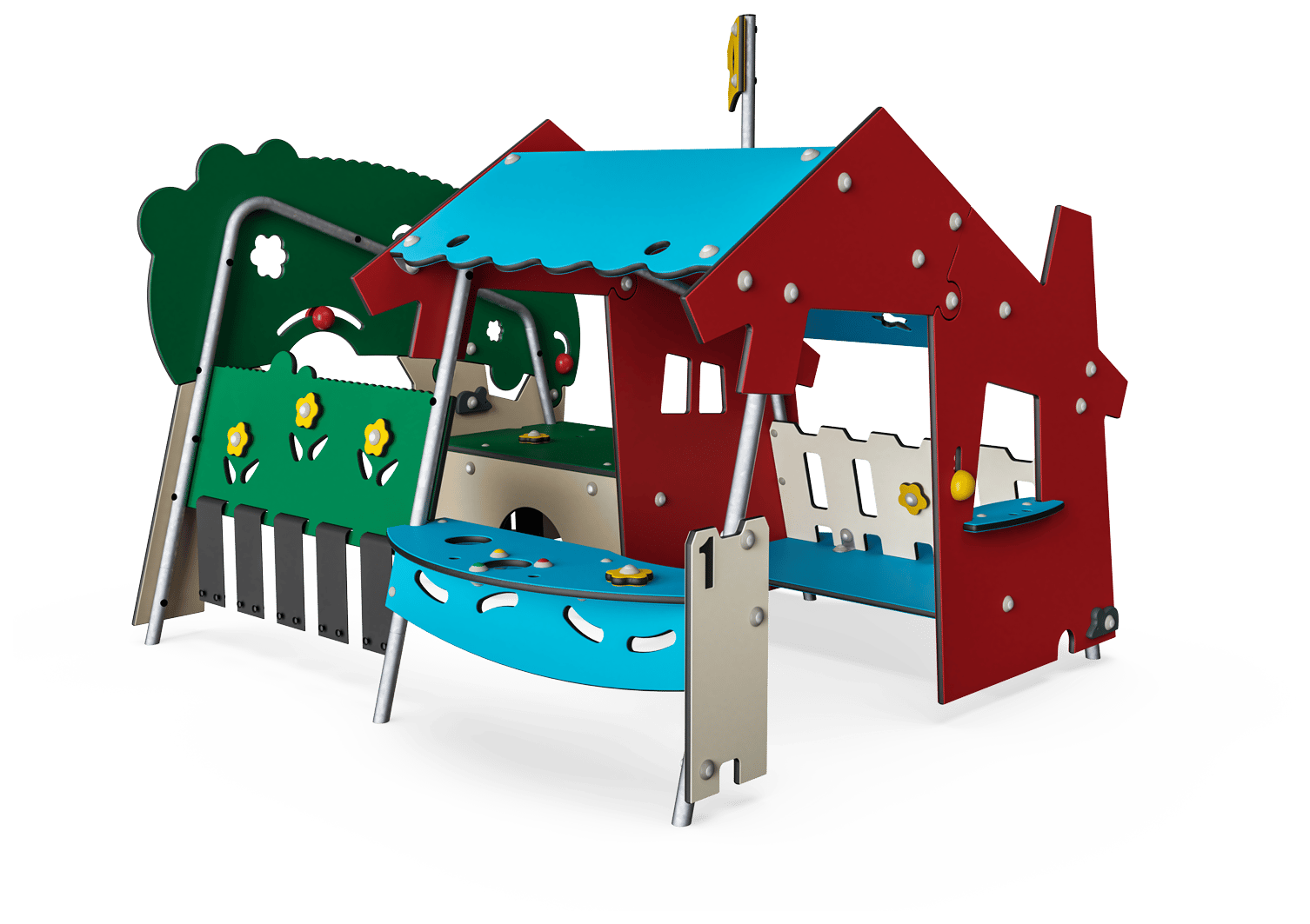 Speelhuis en speelelement tuin - gekoppeld
